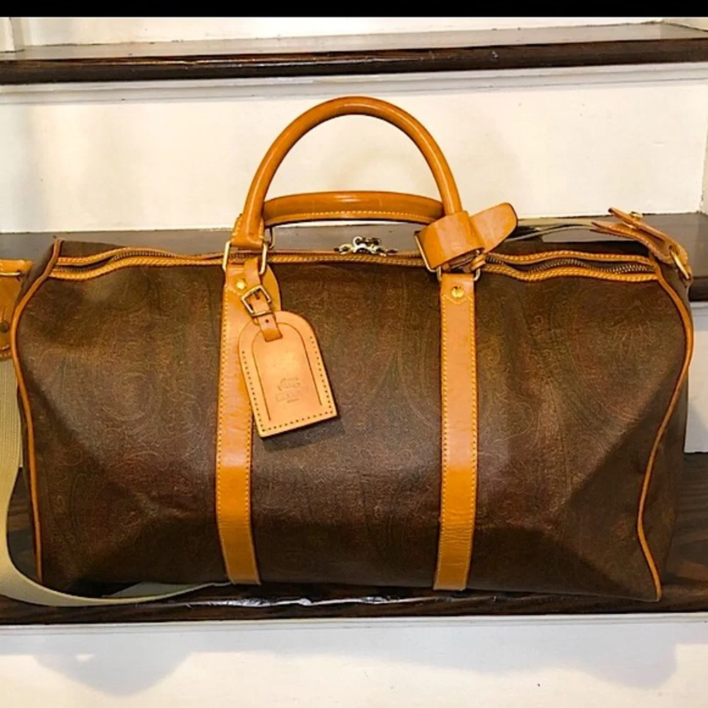 ETRO MILANO Paisley Coated Canvas Vachetta Leather Boston Shoulder Weekend Bag